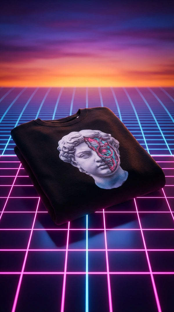 Cyberpunk Statue Organic Cotton Sweatshirt - Product Focus in Virtual Reality Grid - 90s Grunge Revival