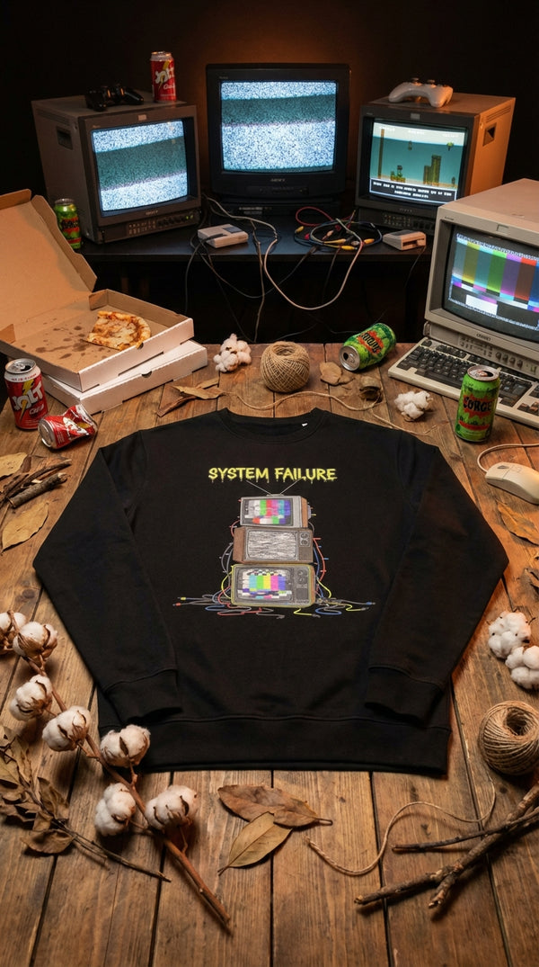 System Failure Glitch Art Organic Cotton Sweatshirt - GOTS Certification Hero in 90s LAN Party - 90s Retro Sustainable