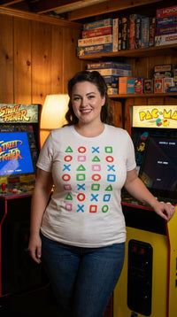 Organic Cotton Gamer Icon Tee - Retro Plus Arcade in Cozy Game Den - Kitchen Table Legend