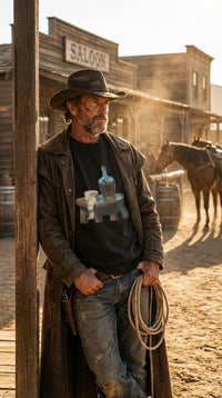 Western Saloon Still Life Organic Cotton Sweatshirt - Cowboy Model in Western Town - Eco-Aesthetic Lifestyle