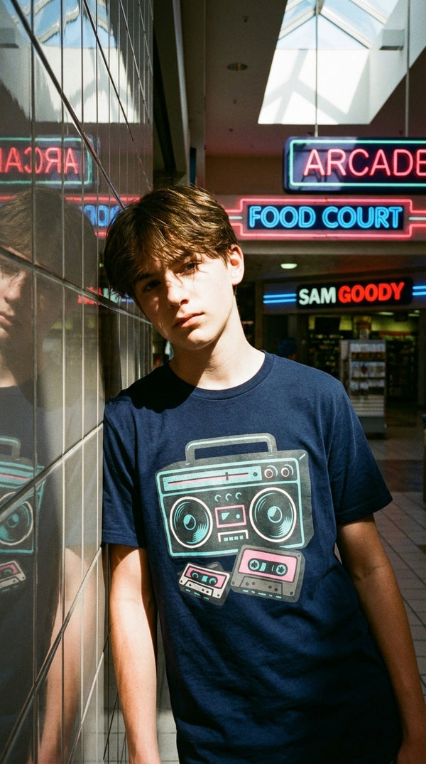 Retro Boombox Cassette Organic Cotton T-Shirt - 90s Mall Goth in 90s Mall Food Court - 90s Grunge Revival