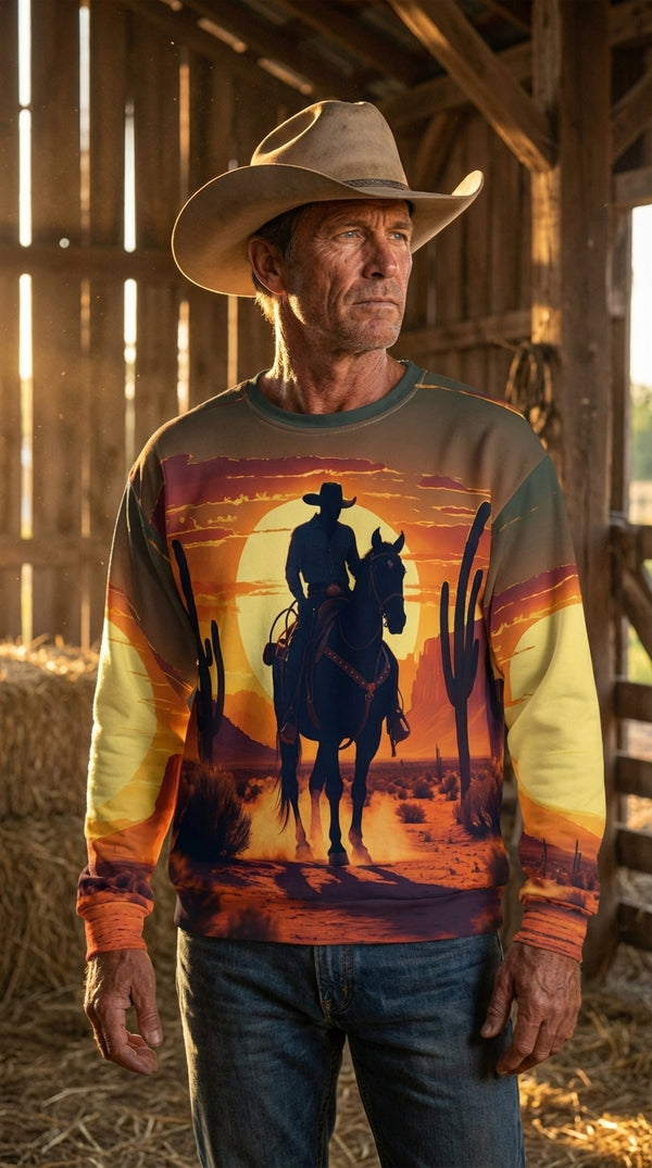 Desert Dusk Rider Recycled Unisex Sweatshirt - Cowboy Model in Rustic Barn - Eco-Aesthetic Lifestyle