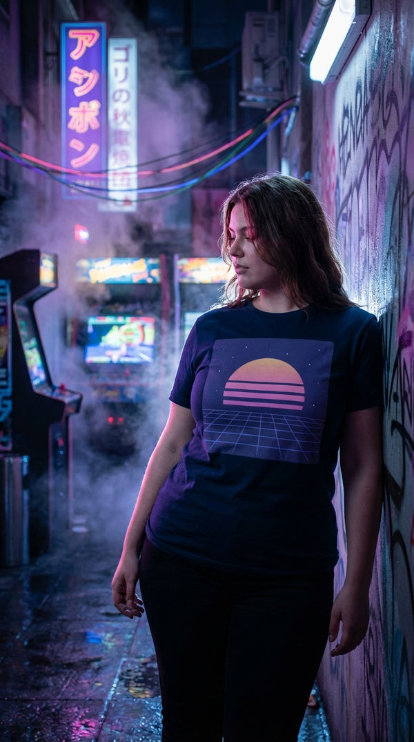 Retro Sunset Grid Organic Cotton T-Shirt - Retro Plus Arcade in Cyberpunk Slum - 90s Grunge Revival