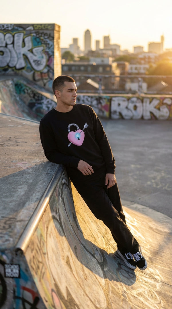 Locked Heart Y2K Organic Cotton Sweatshirt - Product Focus in Rooftop Skatepark - 90s Grunge Revival