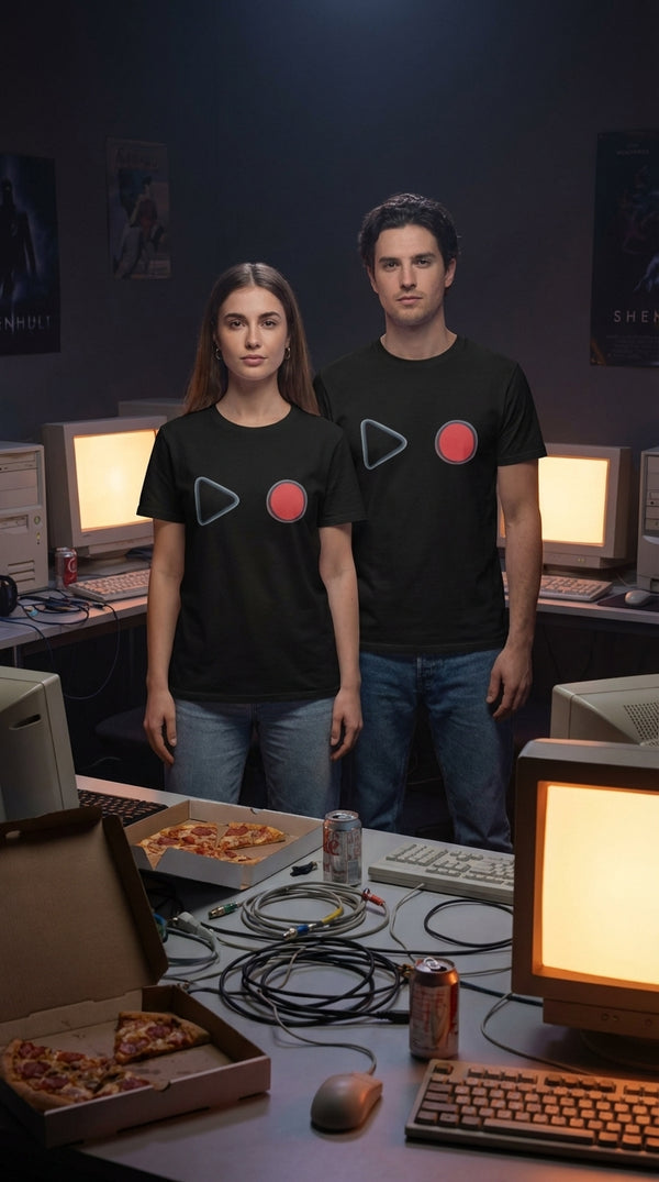 Play And Record Symbols Organic Cotton T-Shirt - Couple / Duo in 90s LAN Party - 90s Grunge Revival