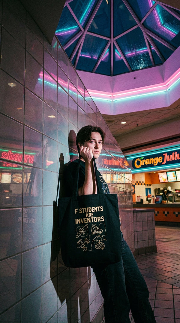 Organic Cotton Tote - 'Students Are Inventors' Chalkboard Edition - Cyberpunk Plus in 90s Mall Food Court - GenZ Ethical Hype