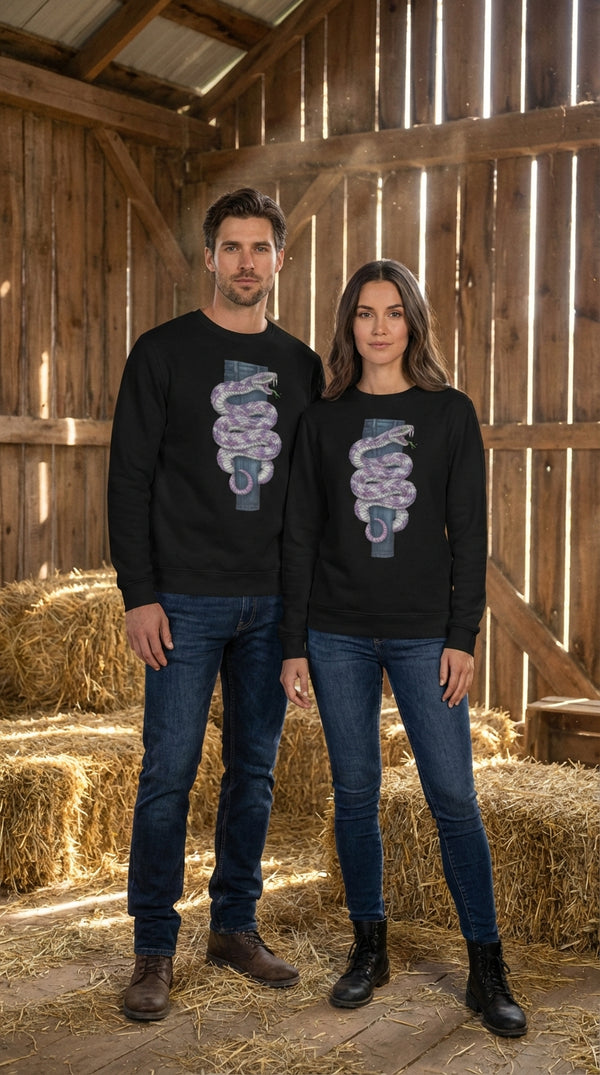 Purple Viper Denim Organic Cotton Sweatshirt - Couple / Duo in Rustic Barn - Eco-Aesthetic Lifestyle