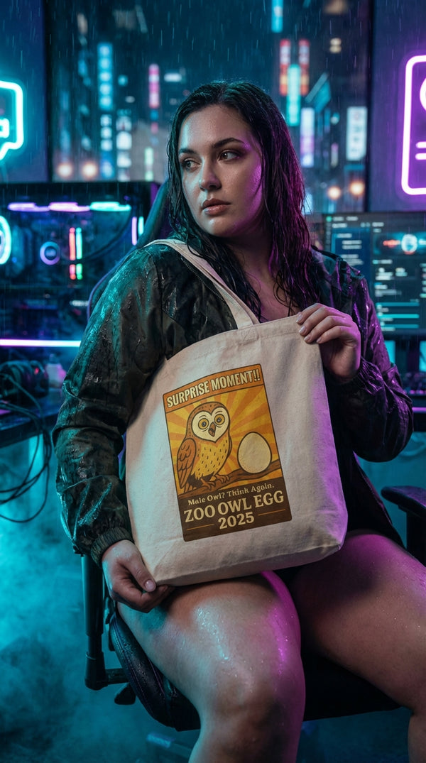 Organic Cotton Tote - Owl Egg Surprise 2025 - Cyberpunk Plus in RGB Gaming Room - 90s Retro Sustainable