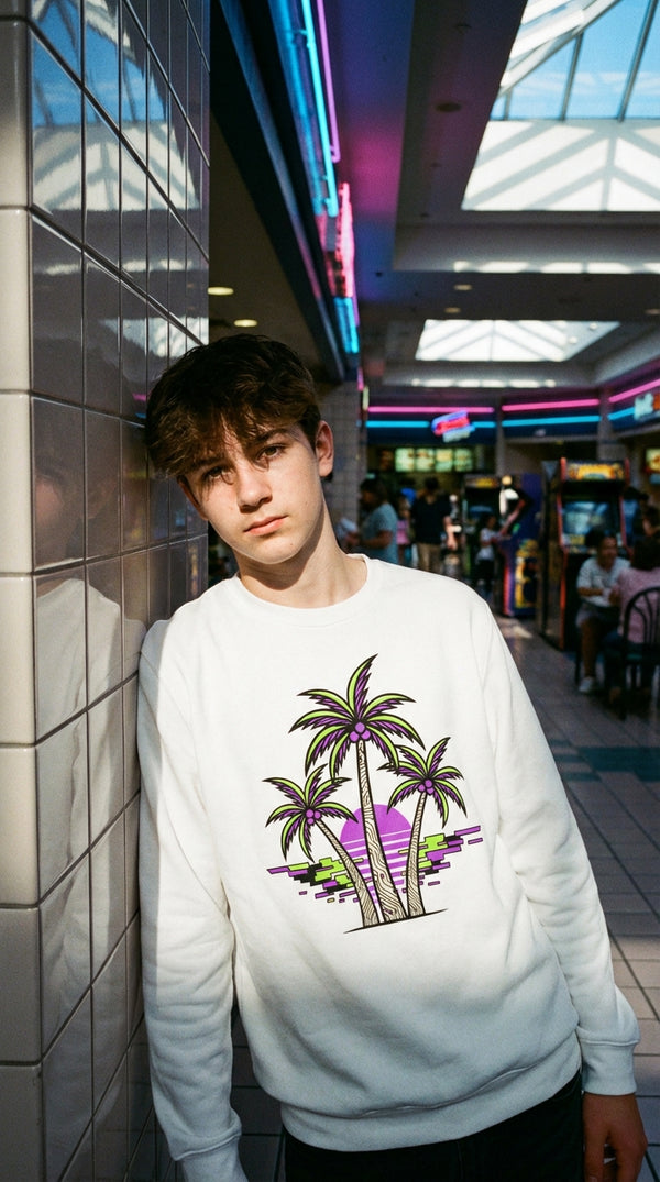 Neon Palms Vaporwave Organic Sweatshirt - 90s Mall Goth in 90s Mall Food Court - 90s Retro Sustainable