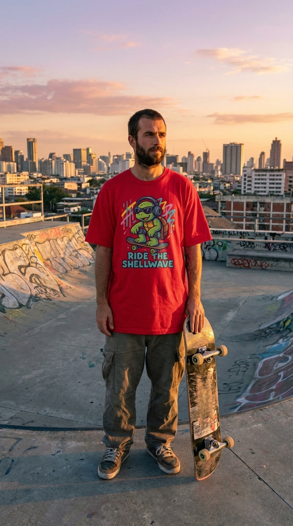 Organic Cotton T-Shirt Unisex | Ride the Shellwave - Urban Skater in Rooftop Skatepark - Cinematic Showcase