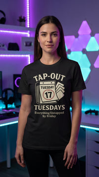 Tap Out Tuesdays Organic Cotton Unisex T-Shirt - Female Model in RGB Gaming Room - The Tournament Grinder