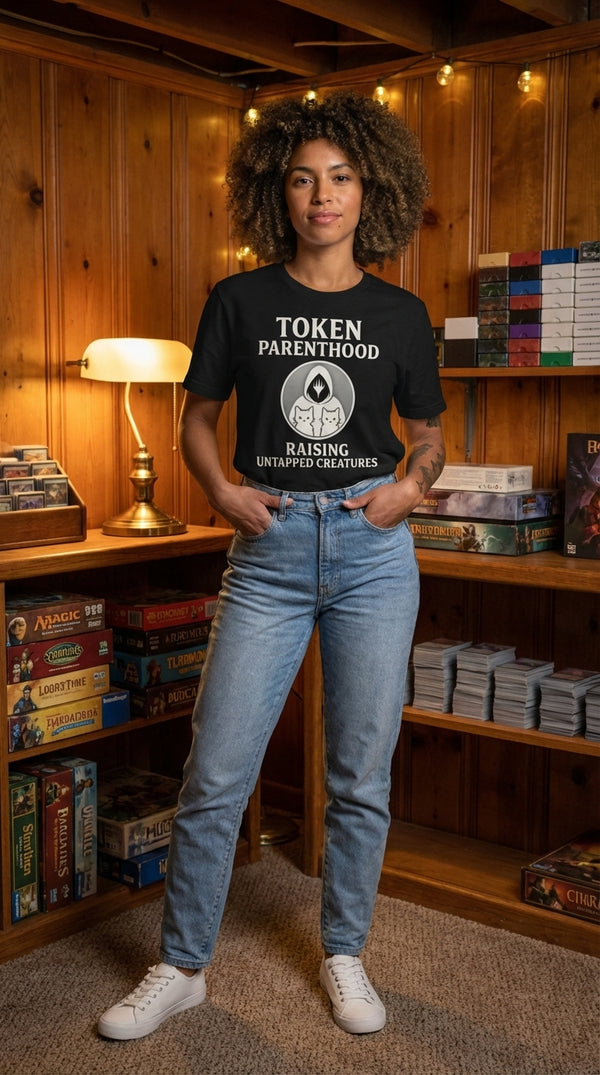 Token Parenthood T-Shirt - Female Model in Cozy Game Den - The LGS 'Equippable'