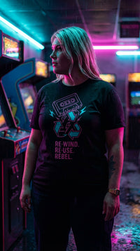 Unisex Organic Rewind Cassette Tee - Cyberpunk Plus in Neon Arcade Alley - 90s Grunge Revival
