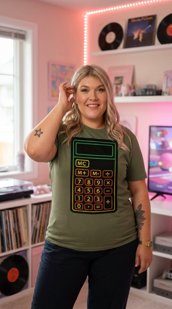 Unisex Organic Cotton Neon Retro Calculator Tee - Cozy Plus Gamer in Vintage Record Store - 90s Retro Sustainable