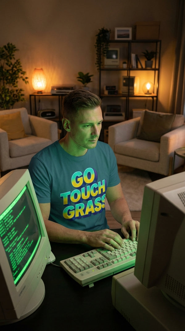 Organic Cotton 'Go Touch Grass' Retro Tee - 90s Retro Hacker in Living Room - 90s Retro Sustainable