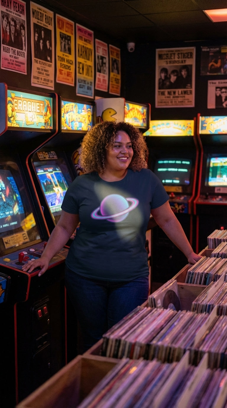 Neon Saturn with Glowing Rings Retro Space Graphic T-Shirt - Retro Plus Arcade in Vintage Record Store - 90s Grunge Revival