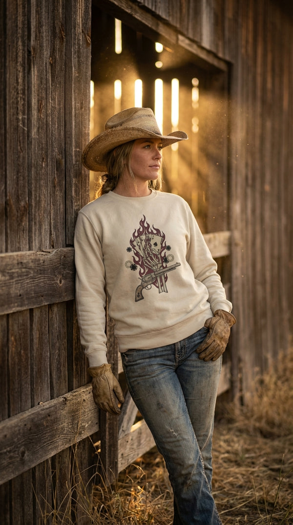 Skeleton Gambler Organic Cotton Sweatshirt - Cowgirl Model in Rustic Barn - Eco-Aesthetic Lifestyle
