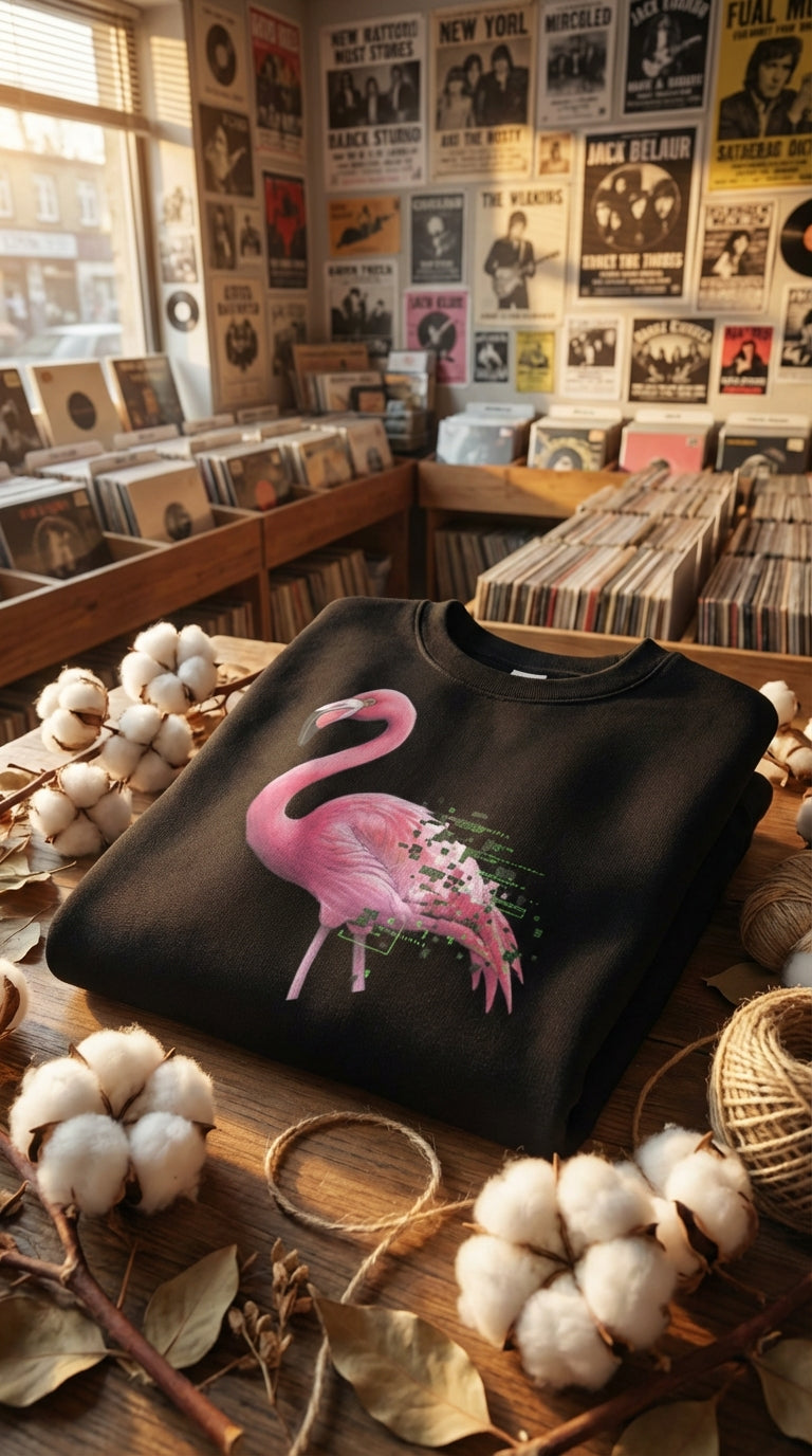 Glitch Flamingo Organic Sweatshirt - Retro Vaporwave Aesthetic - GOTS Certification Hero in Vintage Record Store - 90s Retro Sustainable