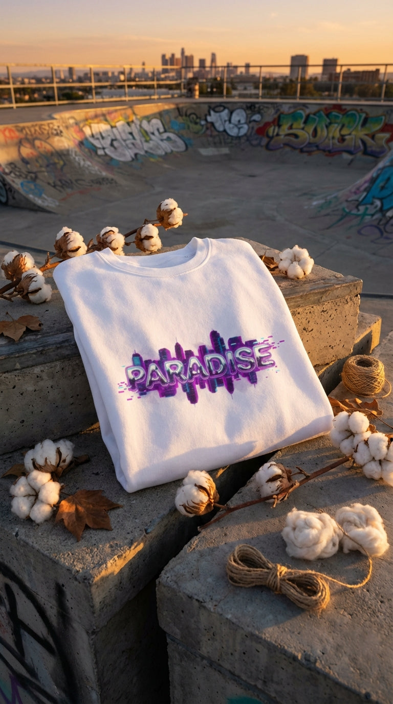 Paradise Synthwave Organic Cotton Sweatshirt - GOTS Certification Hero in Rooftop Skatepark - 90s Retro Sustainable