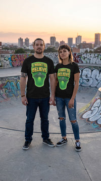 Organic Cotton 'I Want to Believe' UFO Tee - Couple / Duo in Rooftop Skatepark - 90s Retro Sustainable