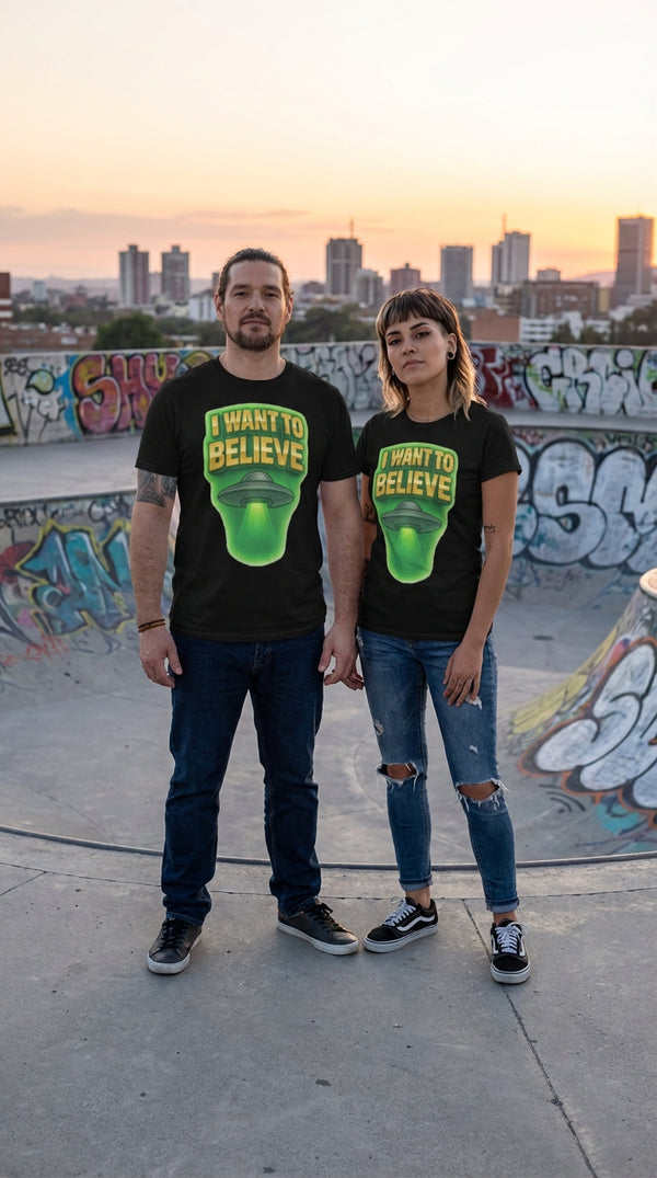 Organic Cotton 'I Want to Believe' UFO Tee - Couple / Duo in Rooftop Skatepark - 90s Retro Sustainable