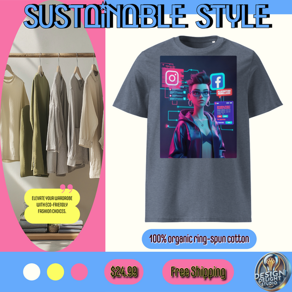 Organic cotton t-shirt – ‘Algorithm Rebellion’ cyberpunk design featuring a futuristic digital activist defying social media censorship. Soft, eco-friendly & bold!