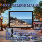 Framed Bar Harbor, Maine canvas print featuring a rocky shoreline and serene ocean view, displayed against a scenic downtown background with autumn foliage.