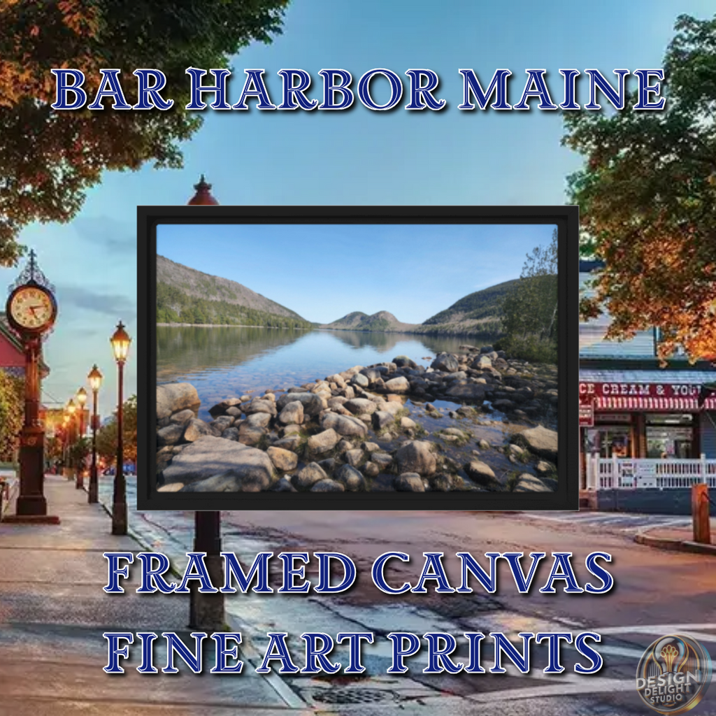 Framed canvas print of Bar Harbor, Maine's Jordan Pond with rocky shoreline, calm reflective water, and surrounding mountains under a clear blue sky.