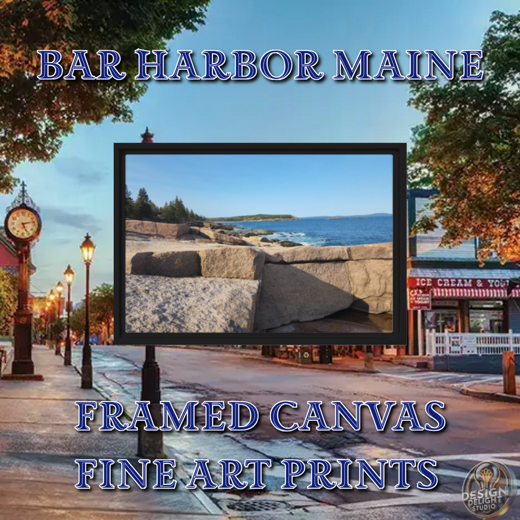 Framed Bar Harbor, Maine canvas print featuring a rocky coastal view, displayed against a scenic downtown background with autumn foliage and the text ‘Bar Harbor Maine – Framed Canvas Fine Art Prints.