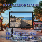 Framed Bar Harbor, Maine canvas print featuring a rocky coastal view, displayed against a scenic downtown background with autumn foliage and the text ‘Bar Harbor Maine – Framed Canvas Fine Art Prints.