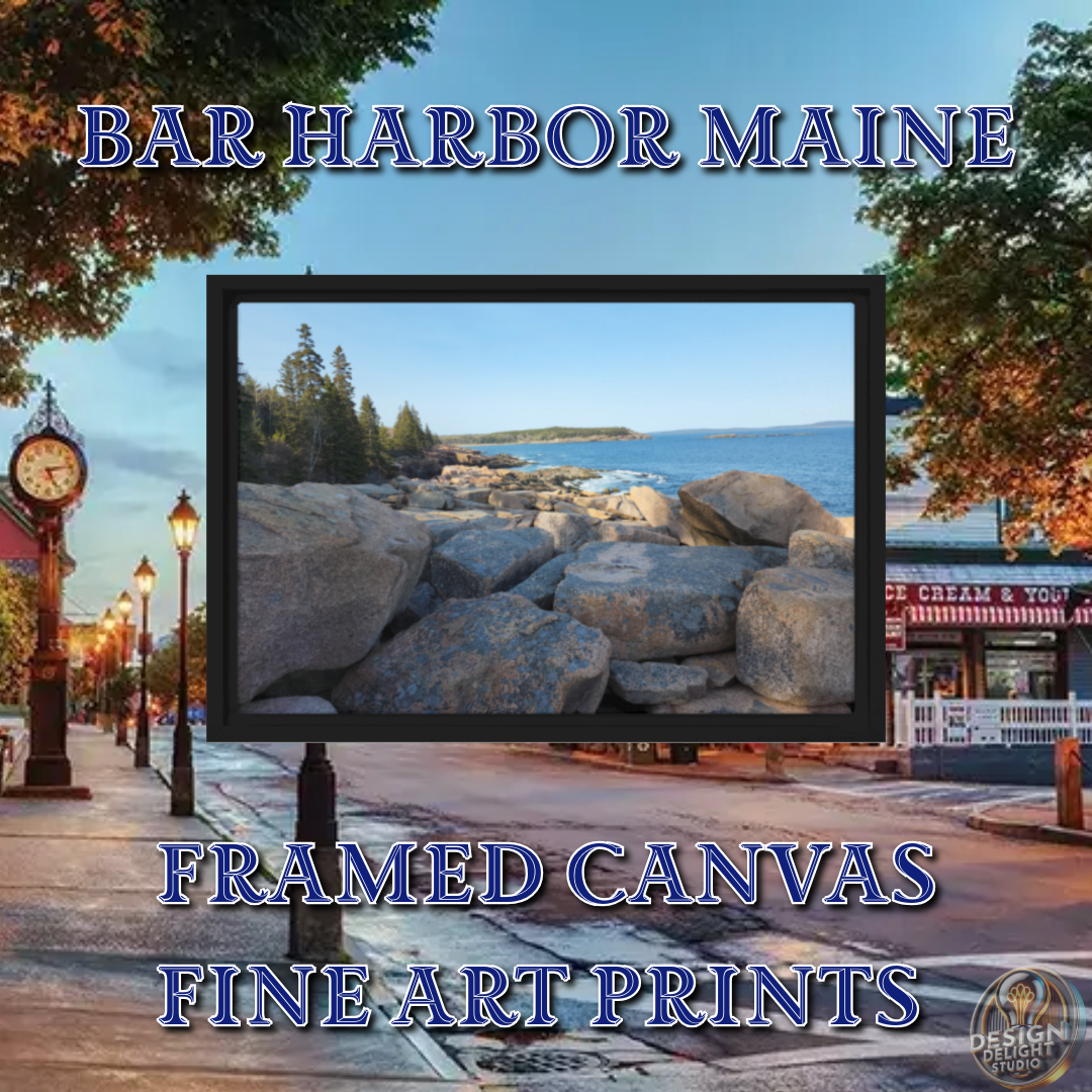 Framed canvas print of Bar Harbor, Maine’s rocky shoreline with blue ocean waves and a forested coastline in the background, set against a scenic downtown backdrop.