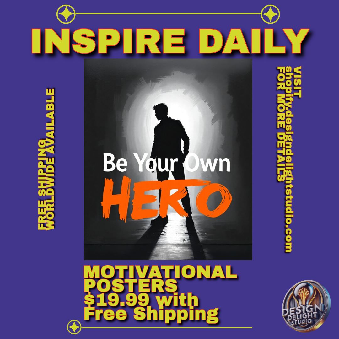 Black and white 'Be Your Own Hero' motivational poster with bold typography and silhouette design. Perfect for office, home, gym, or dorm wall décor.