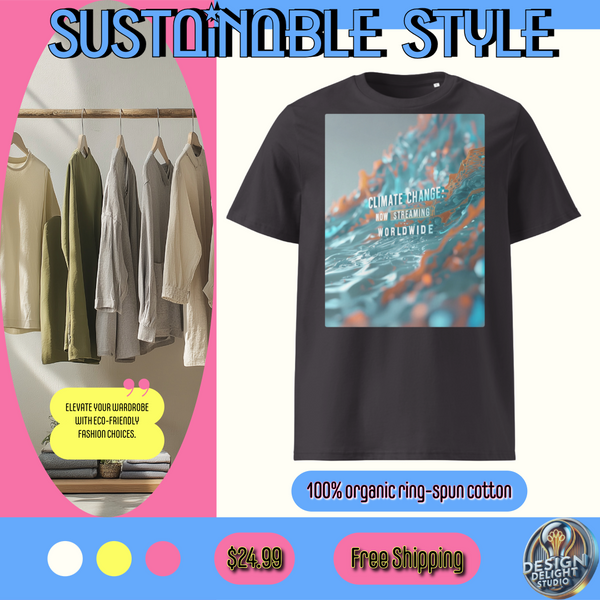 Organic cotton t-shirt – ‘Climate Change: Now Streaming Worldwide’ environmental activism design. Eco-friendly, soft, and perfect for sustainability advocates