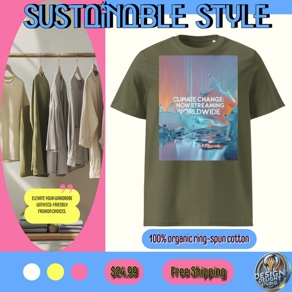 Organic cotton t-shirt – ‘Climate Change: Now Streaming Worldwide’ bold activism design. Eco-friendly, soft, and perfect for sustainability advocates!