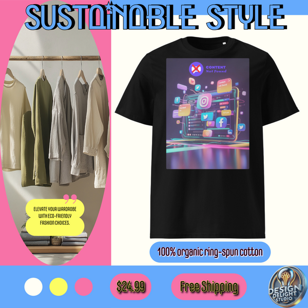 Organic cotton t-shirt – ‘Content Not Found’ social media glitch design. Futuristic, eco-friendly, and perfect for creators & influencers. Free shipping!