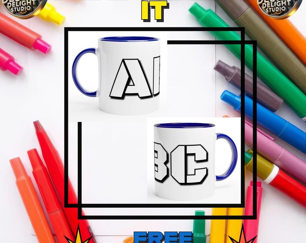 A promotional image displaying customizable alphabet mugs with bold black letter designs 'A' and 'B' on white ceramic, accented with blue interiors and handles. The vibrant background includes colorful markers, emphasizing a creative and personalized gifting idea with a free shipping offer.