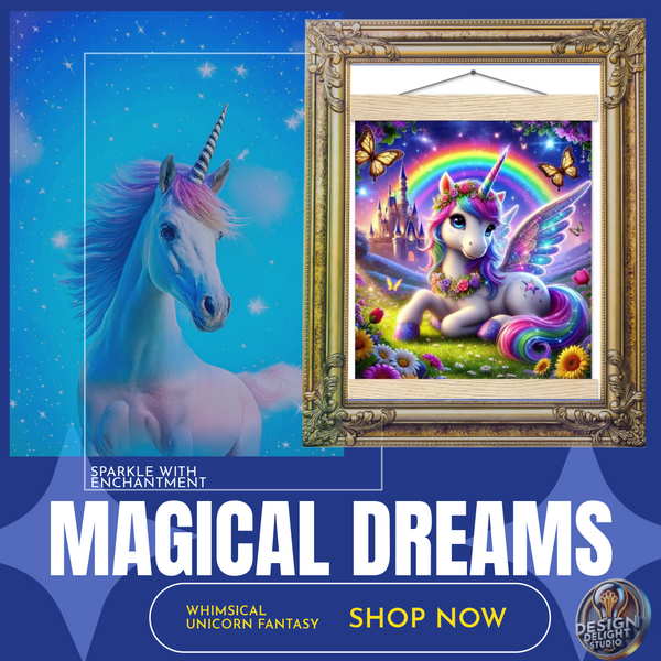 A mesmerizing fantasy unicorn wall art featuring a majestic winged Pegasus resting in a magical meadow, with a vibrant rainbow, glowing castle, and fluttering butterflies in the background. This framed artwork is perfect for unicorn lovers, dreamers, and whimsical home decor enthusiasts. Available at Design Delight Studio.