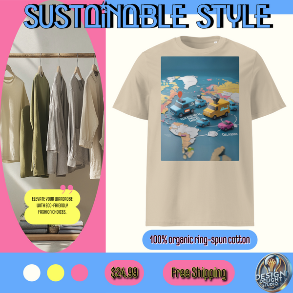 Organic cotton t-shirt – ‘Gig Economy Delivery Mashup’ design featuring a playful map of global delivery services. Soft, eco-friendly & perfect for couriers!