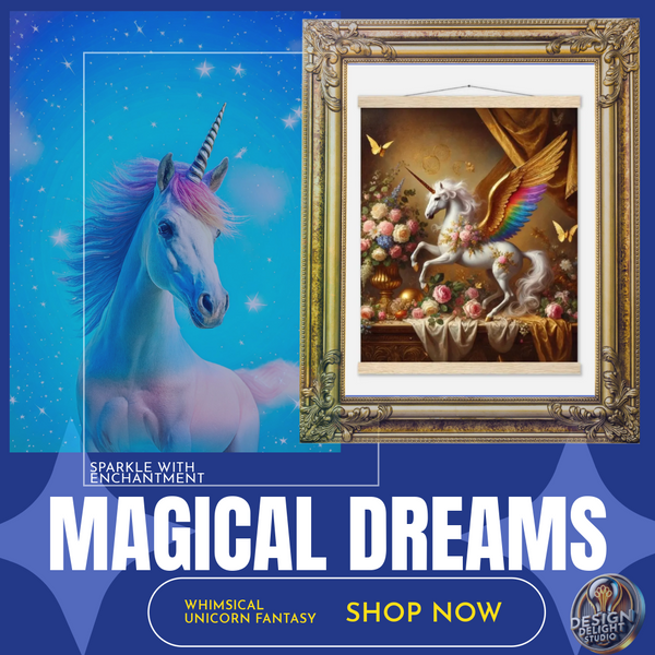 A stunning framed artwork featuring a majestic golden unicorn with vibrant rainbow wings, gracefully poised among lush floral arrangements. The luxurious fantasy decor is perfect for dreamers, unicorn lovers, and elegant interior design. Available now at Design Delight Studio.