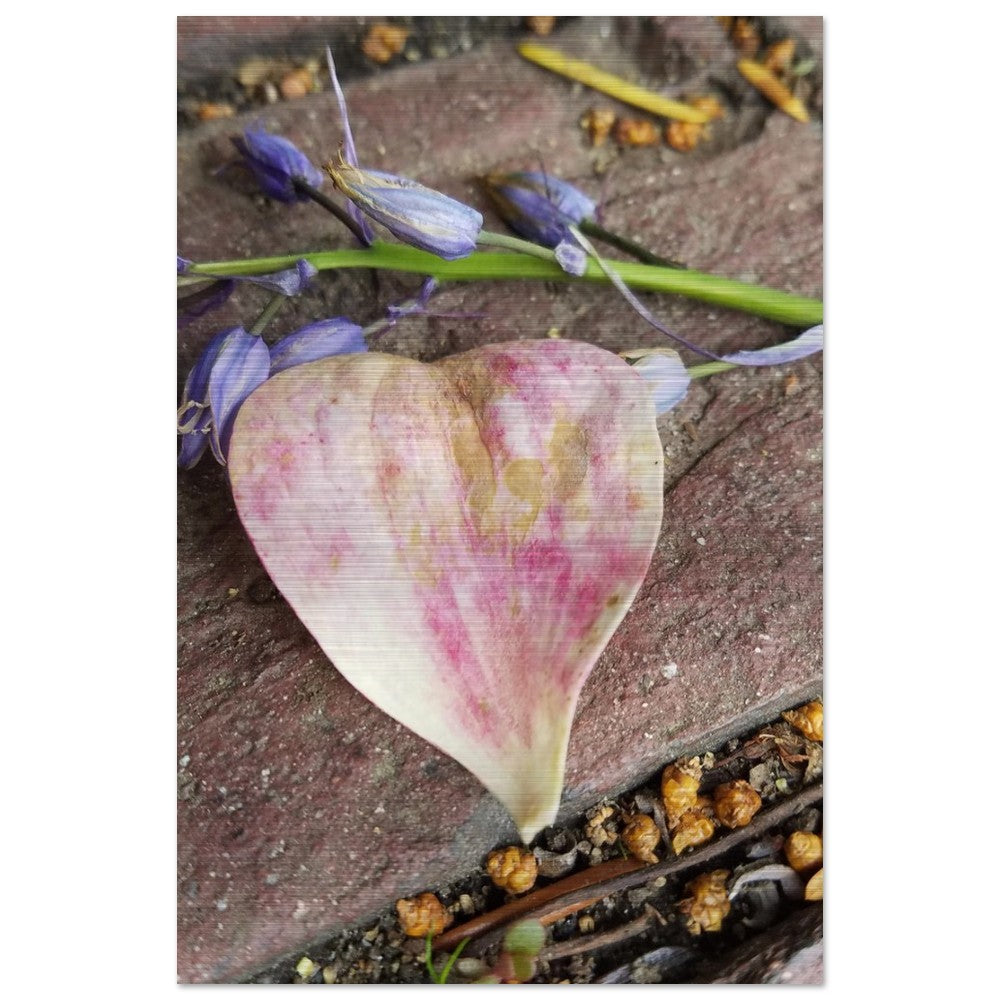 Intricate heart-shaped leaf design printed on brushed aluminum, showcasing natural elegance with a modern metallic finish. Perfect for sophisticated nature-inspired decor.