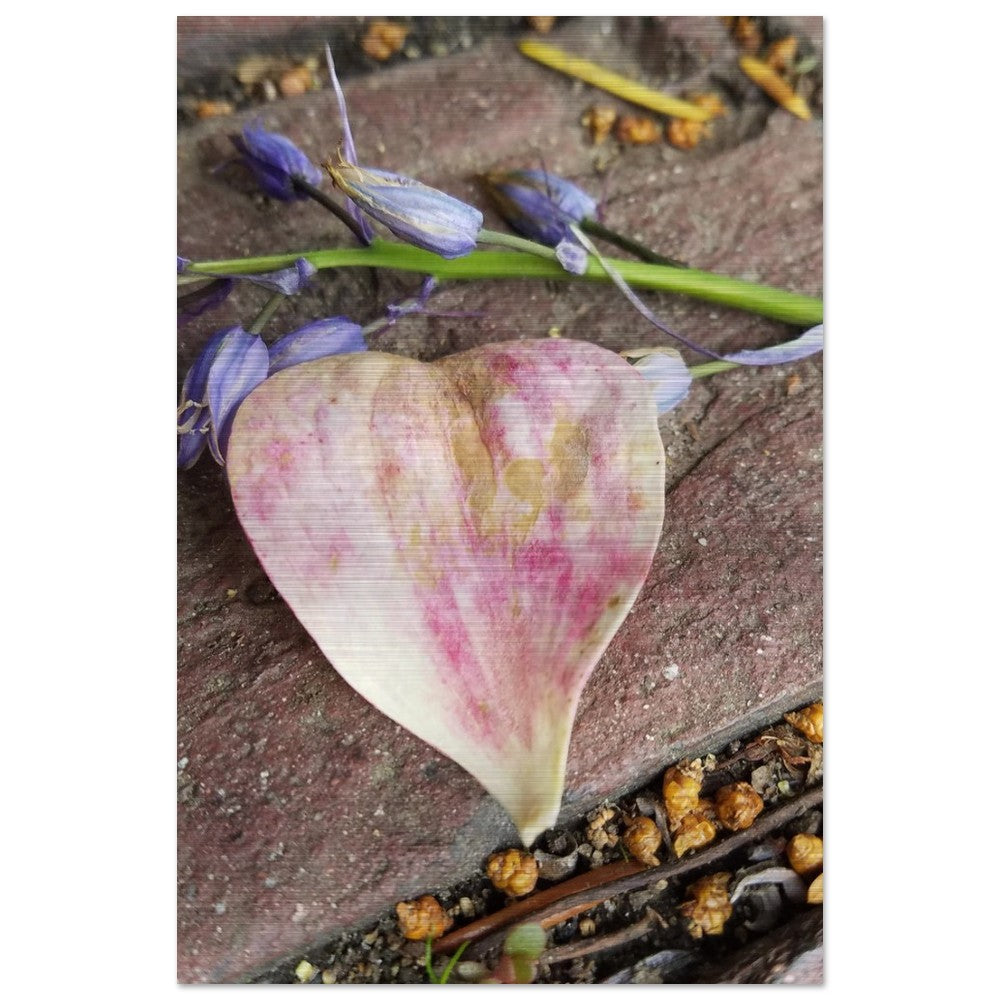 Intricate heart-shaped leaf design printed on brushed aluminum, showcasing natural elegance with a modern metallic finish. Perfect for sophisticated nature-inspired decor.