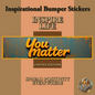 Promotional image of a limited edition inspirational bumper sticker featuring the phrase 'You Matter' in bold orange lettering on a rustic background, emphasizing positivity and life inspiration. Includes Design Delight Studio logo.