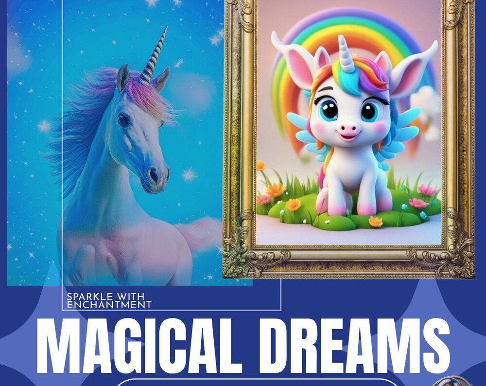 A vibrant promotional banner for 'Magical Dreams' featuring a majestic white unicorn with a pastel mane against a starry blue background and a framed whimsical unicorn illustration with rainbow wings and flowers. The text highlights 'Sparkle with Enchantment' and 'Magical Dreams' with a call to shop now.