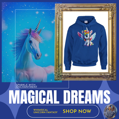 Blue hoodie featuring a whimsical unicorn design with rainbow wings, showcased in a gold frame under the title 'Magical Dreams.' Perfect for fantasy lovers and unicorn enthusiasts.