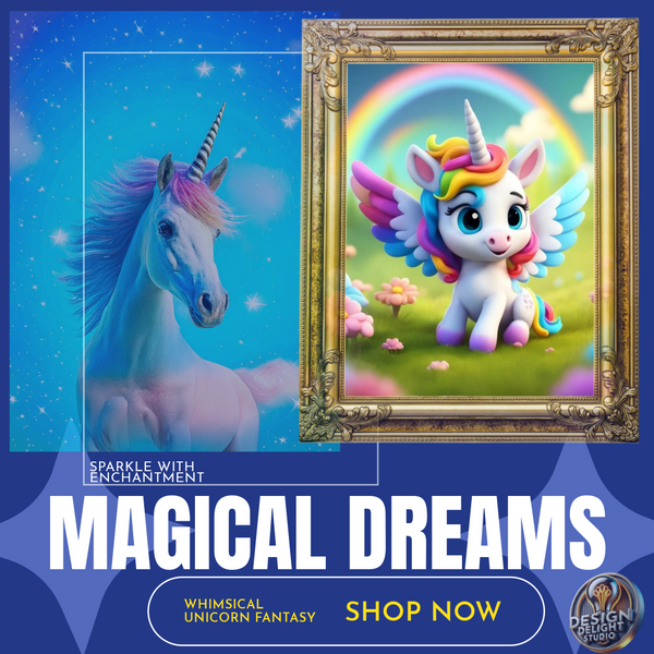 Magical Dreams wall art featuring a charming baby unicorn with rainbow wings in a gold ornate frame. Set in a lush fantasy meadow with glowing accents and a vibrant rainbow. Perfect for kids' rooms, unicorn lovers, and whimsical home decor. Shop now at Design Delight Studio.