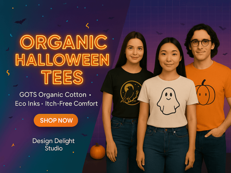 Organic Halloween T-shirts made from GOTS-certified cotton—eco inks, itch-free comfort—Design Delight Studio.