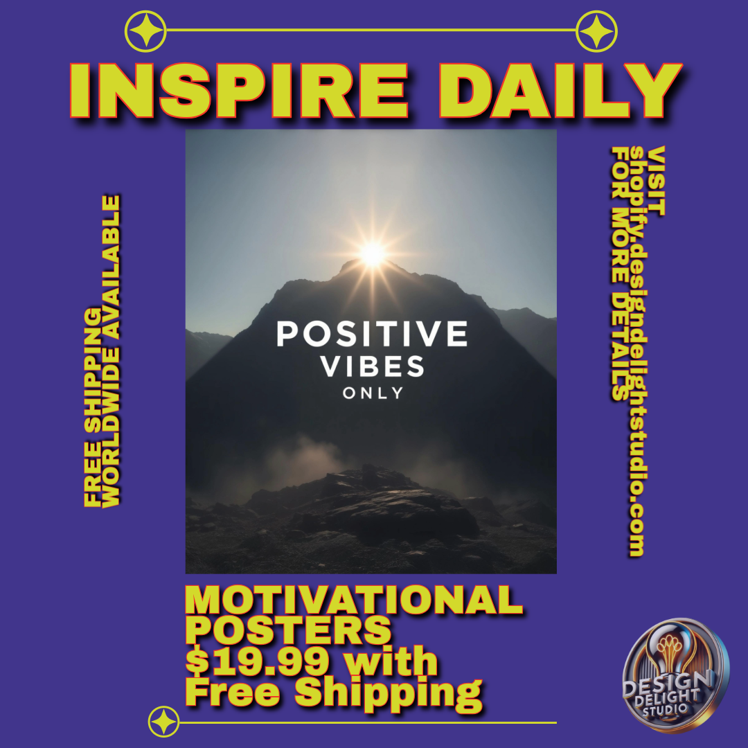 Sunrise over a mountain peak with 'Positive Vibes Only' text. Motivational wall art for homes, offices, and classrooms.