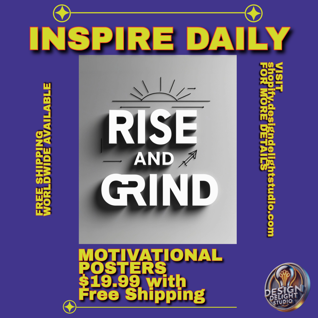 Rise and Grind Motivational Poster – Monochrome Inspirational Wall Art for Office or Gym – High-Quality Print with Free Worldwide Shipping.