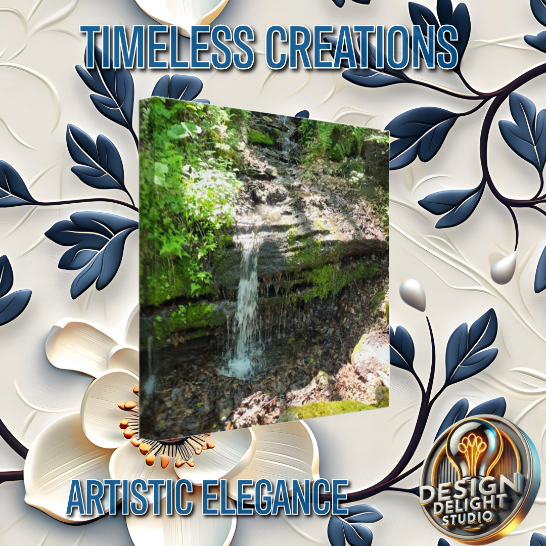A tranquil waterfall cascading through a lush green forest, captured on a high-quality canvas print. Ideal for adding peaceful, nature-inspired elegance to any space.