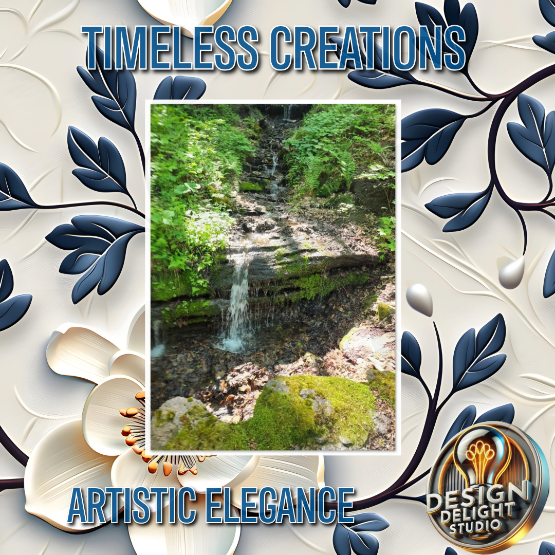 A calming waterfall cascading through a lush forest, captured in vivid detail. Ideal for nature lovers seeking a tranquil and elegant wall art addition.